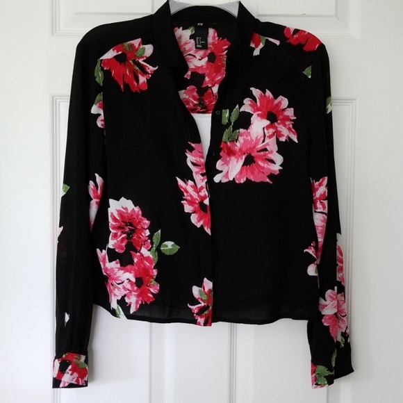 Black H&M Button Down with Pink Floral Print - Picture 3 of 8